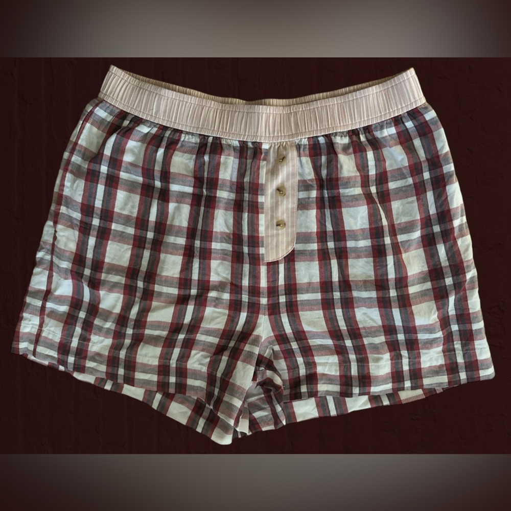 by Anthropologie | White & Burgundy Plaid Boxer Shorts | Loungewear / Sleep